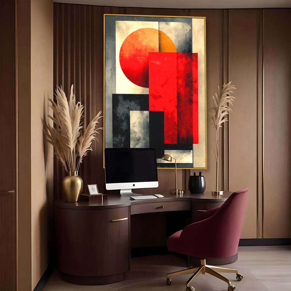 Tablou canvas cu tablou abstract geometric cu soare rosu, in rama de aluminiu auriu, pe perete intr-un birou